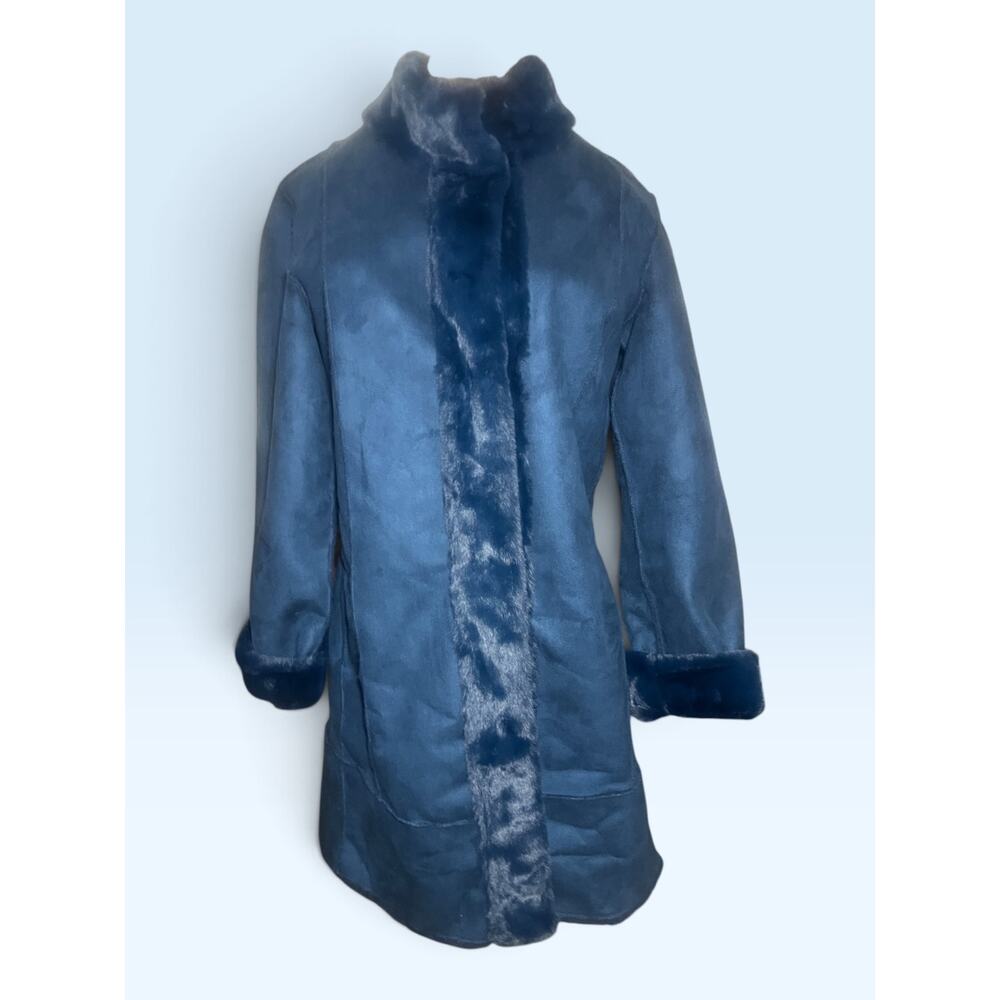 Dennis Basso Faux Suede Snap Front Coat Blue Slate XXS NWT